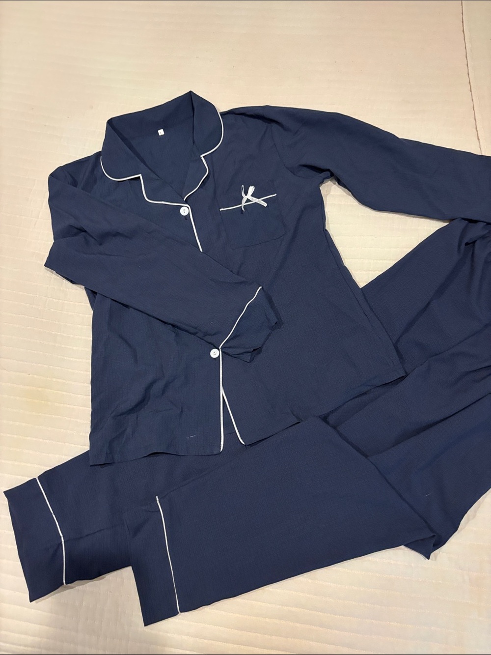 Navy Blue Pajama Set with White Piping